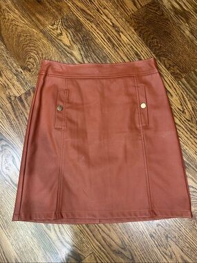 LOFT Rust Brown Faux Leather Mini Skirt with Gold Buttons. Size 2